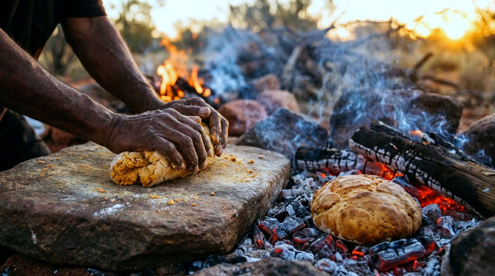 Hands working damper dough on a flat stone beside campfire coals