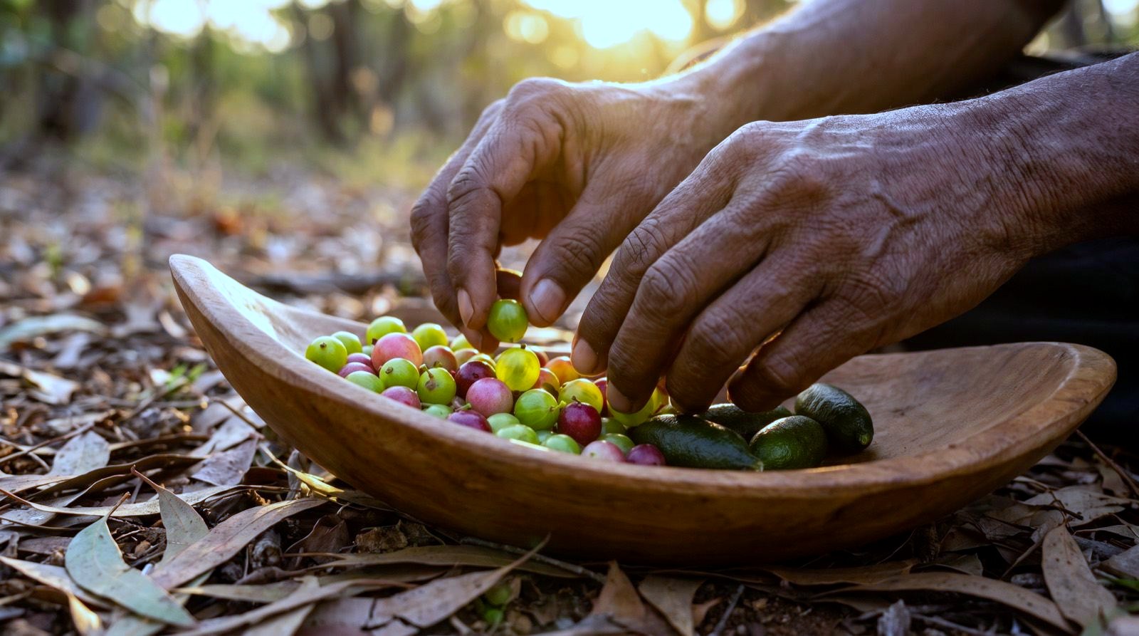 Hands placing fresh finger limes and native berries into a coolamon at golden hour