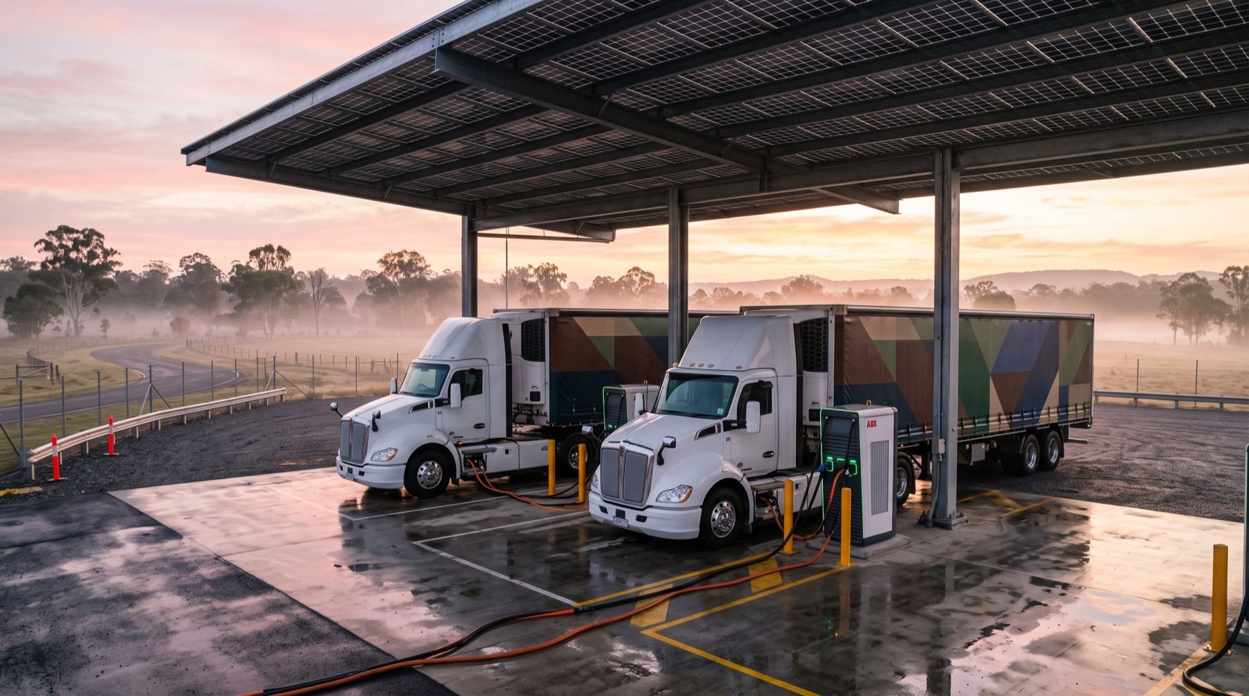 Concept image of electric trucks charging at a depot at dawn