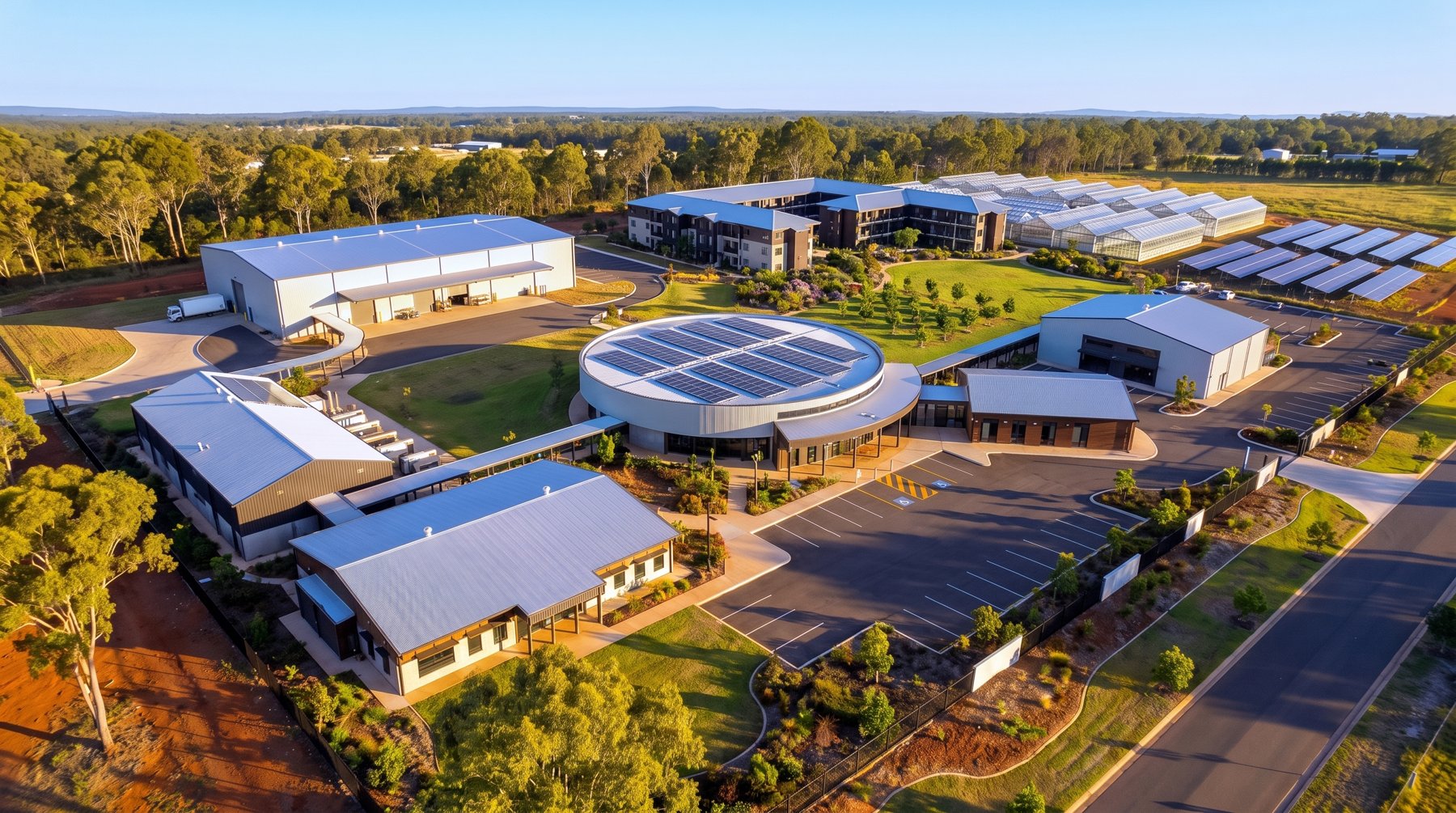 Aerial concept render of the completed precinct: circular cafe and reception with rooftop solar at the centre, warehouse, greenhouses, solar array, accommodation and pool