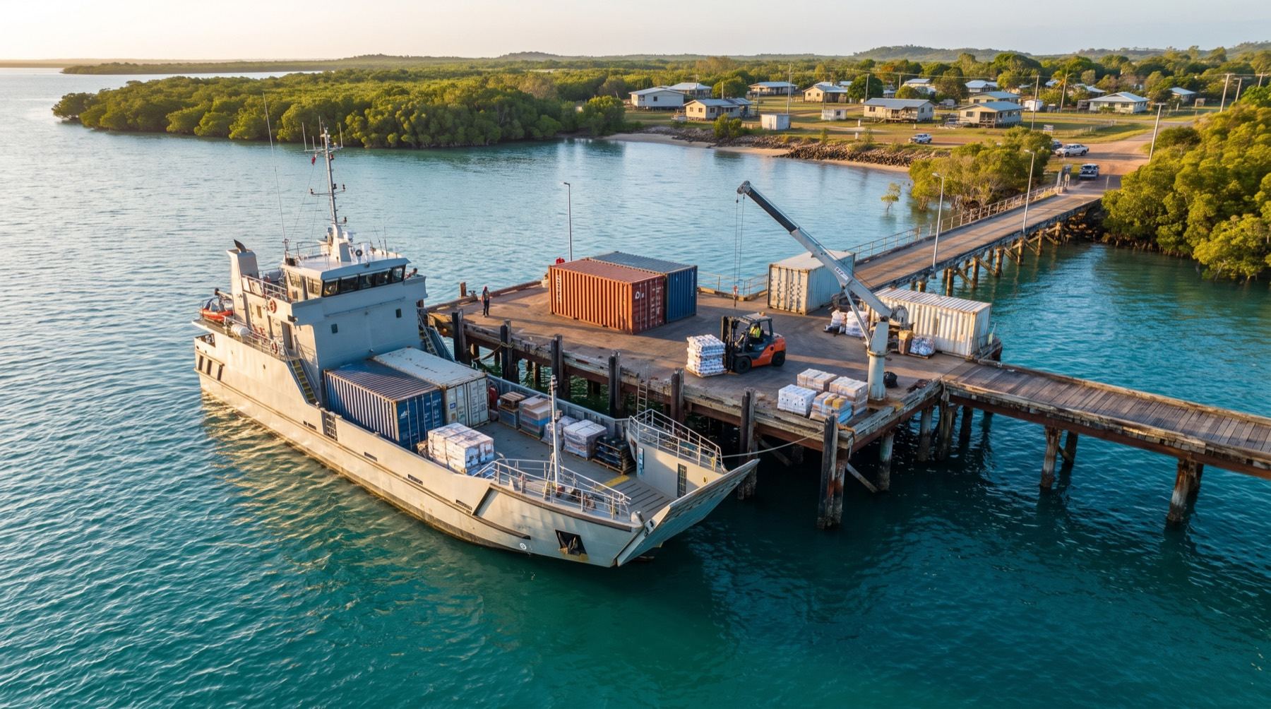 Concept render of a coastal freight vessel unloading containers at a Torres Strait barge landing at golden hour